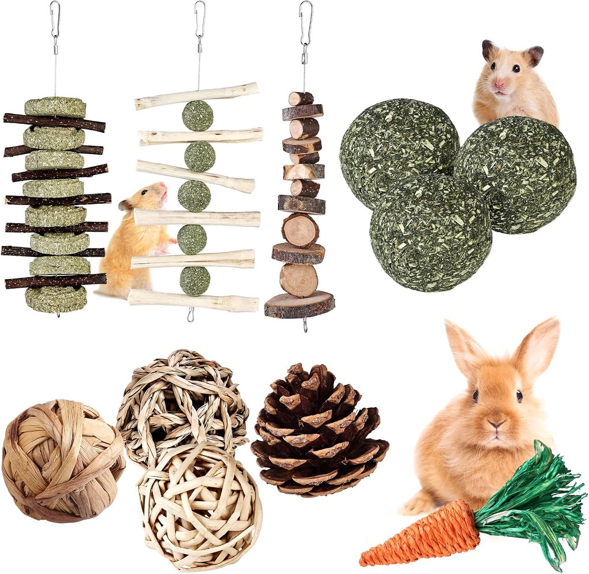 Speelgoed - 11 Stuks Natuurlijke Timothy Kauwaccessoires voor Hazen, Hamsters, Chinchilla's, Cavia's en Gerbilletjes