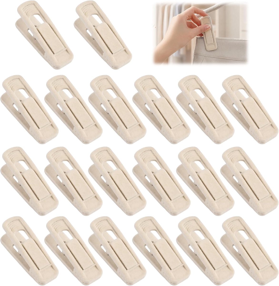 20 stuks fluwelen kleerhangers, antislip kledingspelden, beige broekhangers, fluwelen clips, sterke vingerklips, afneembare broekclip voor dunne fluwelen hangers, pakken, broeken, rokken