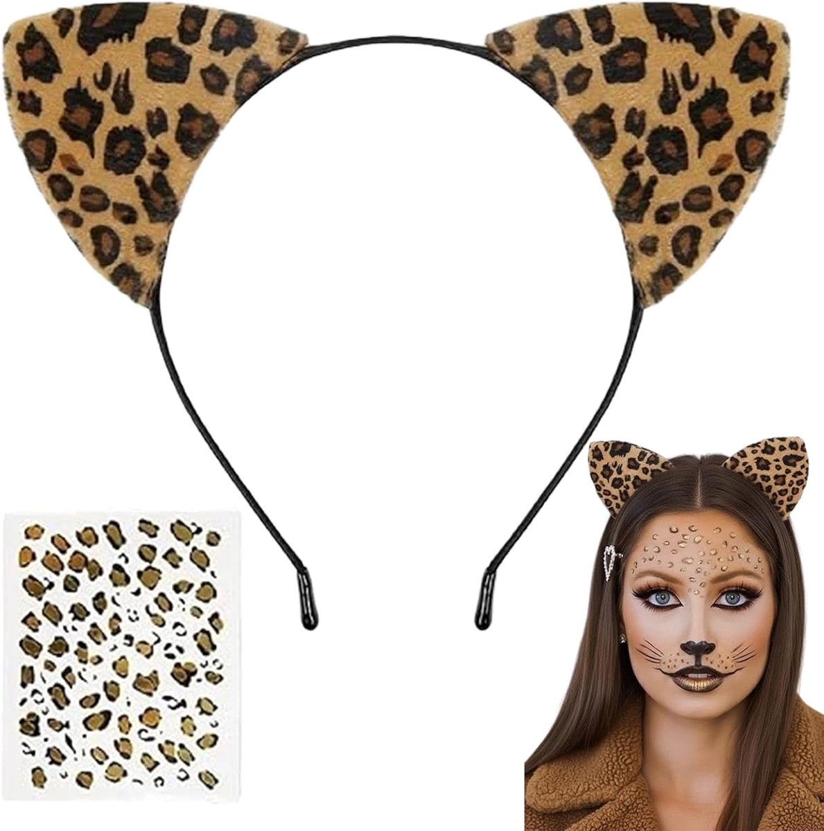 Kostuum Set, Luipaard Oren Haarband, Luipaard Kostuum Accessoires voor Carnaval, Hoofdband met Tijdelijke Tattoos, Leo Oren voor Dames