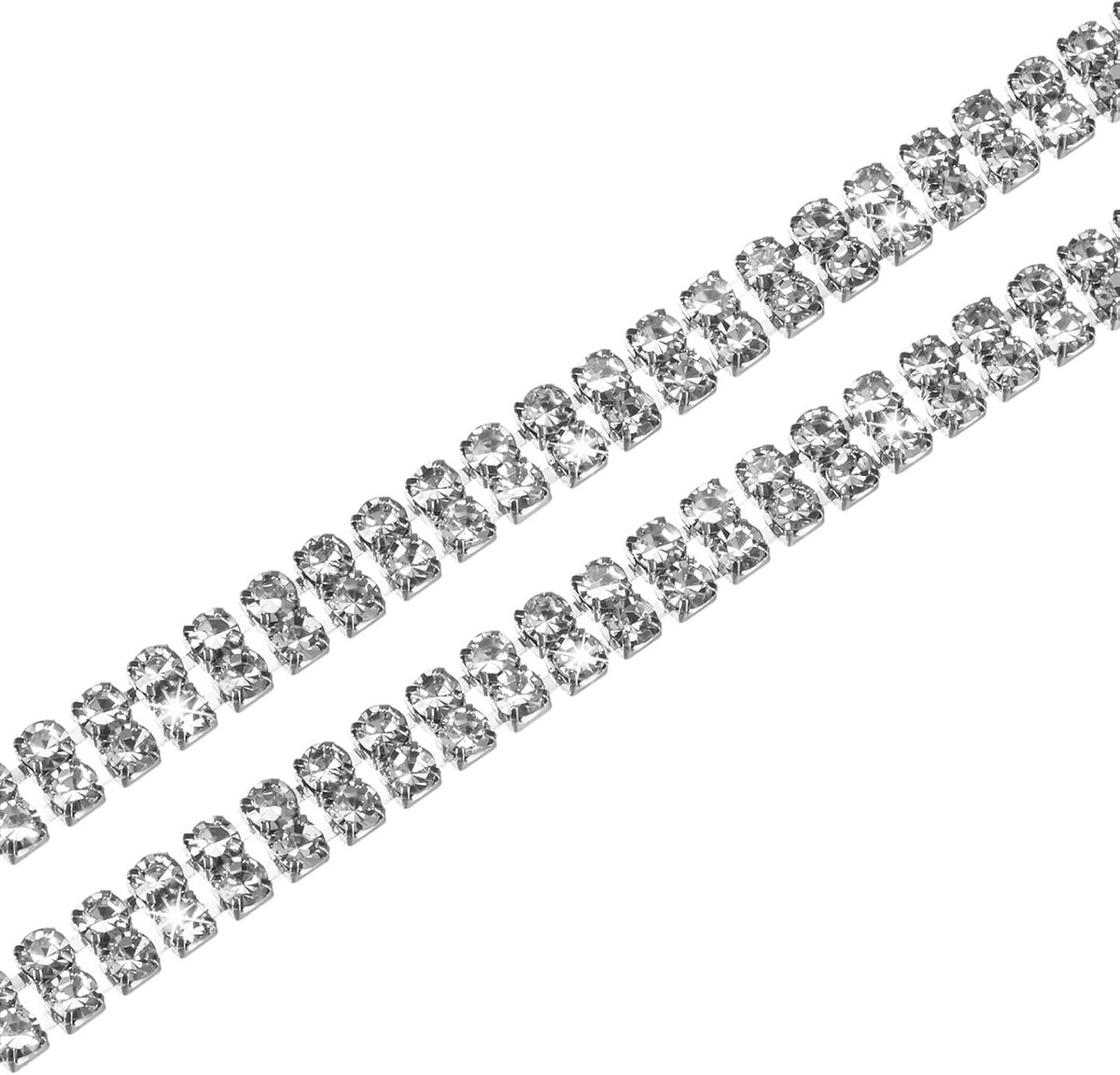 Set van 2 kristallen strass kettingversieringen, 2 rijen 1 yard 6 mm jurk versieringen, sprankelende diamanten strips applicatie versiering voor ambacht/naaien/bruiloft [zilver]