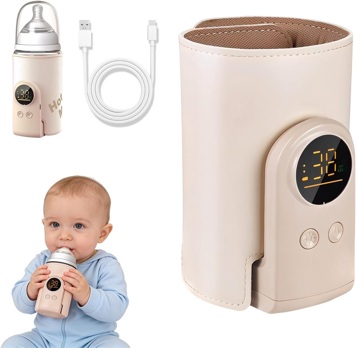 Flesverwarmer voor baby met 6 temperatuurstanden (38°C-50°C), Draagbare flesverwarmer op batterijen met LCD-scherm, Snelle verwarming, Draagbare flesverwarmer voor onderweg en thuis, Inclusief