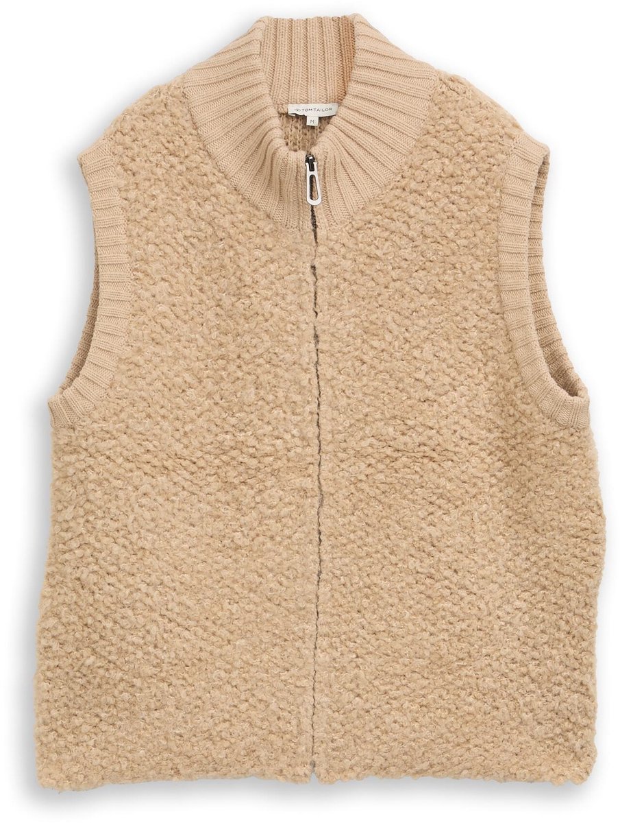 Tom Tailor - Bouclé vest zonder mouwen met rits - Maat XS - gravel beige melange