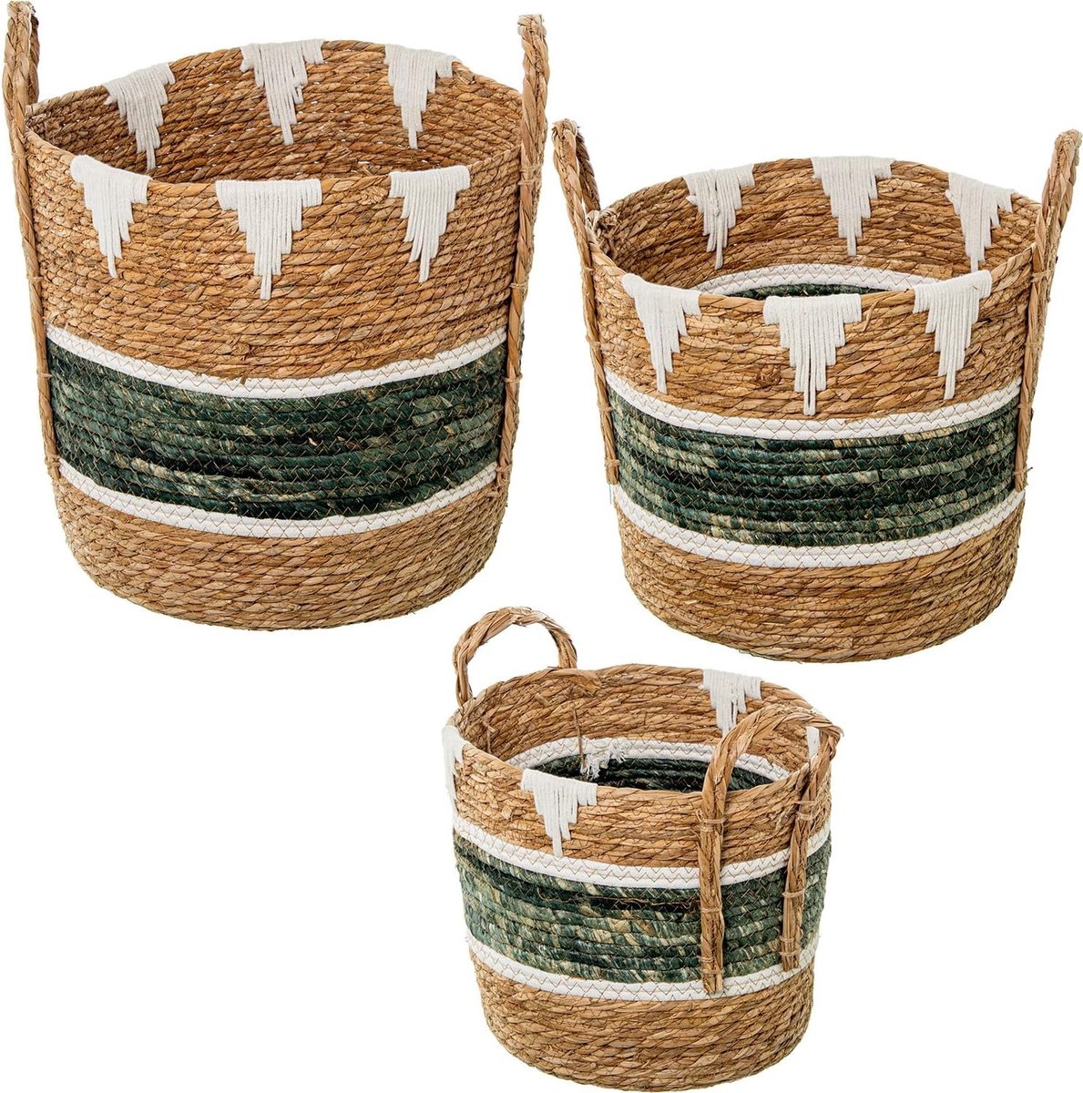 Set van 3 manden van zeegras en natuurlijk katoen, groen en wit, ø38 x 37 + ø34 x 31 + ø29 x 26 cm