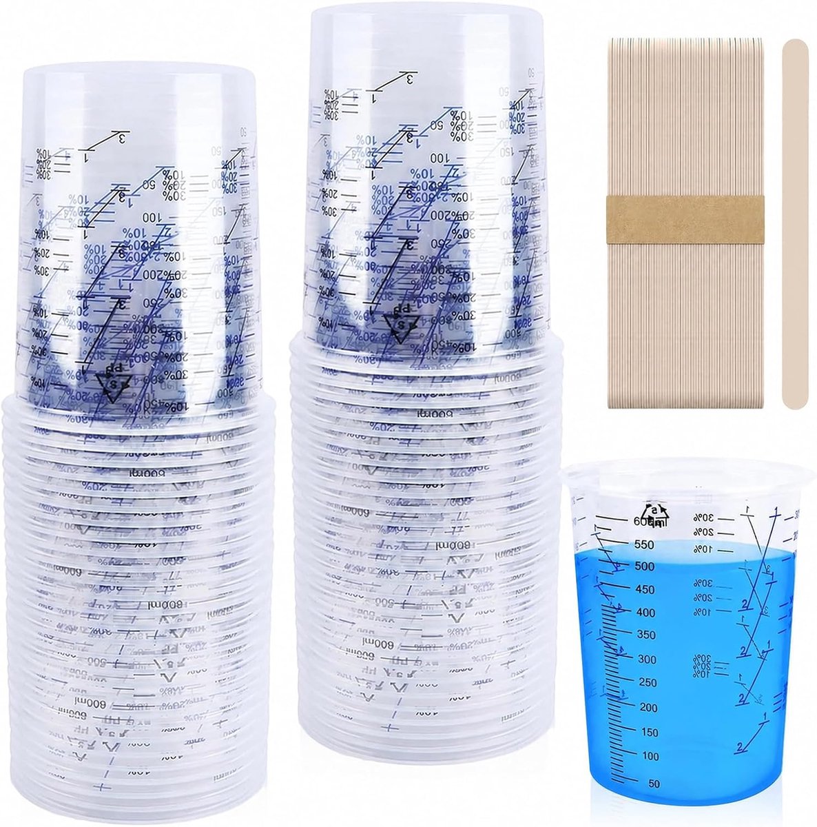 50 stuks 600 ml mengbekers, verfmengbekers, mengbeker epoxyhars, kleine maatbeker met schaal voor kunstprojecten, harsverf en pigmenten voor het mengen en meten (600 ml - 50 stuks)