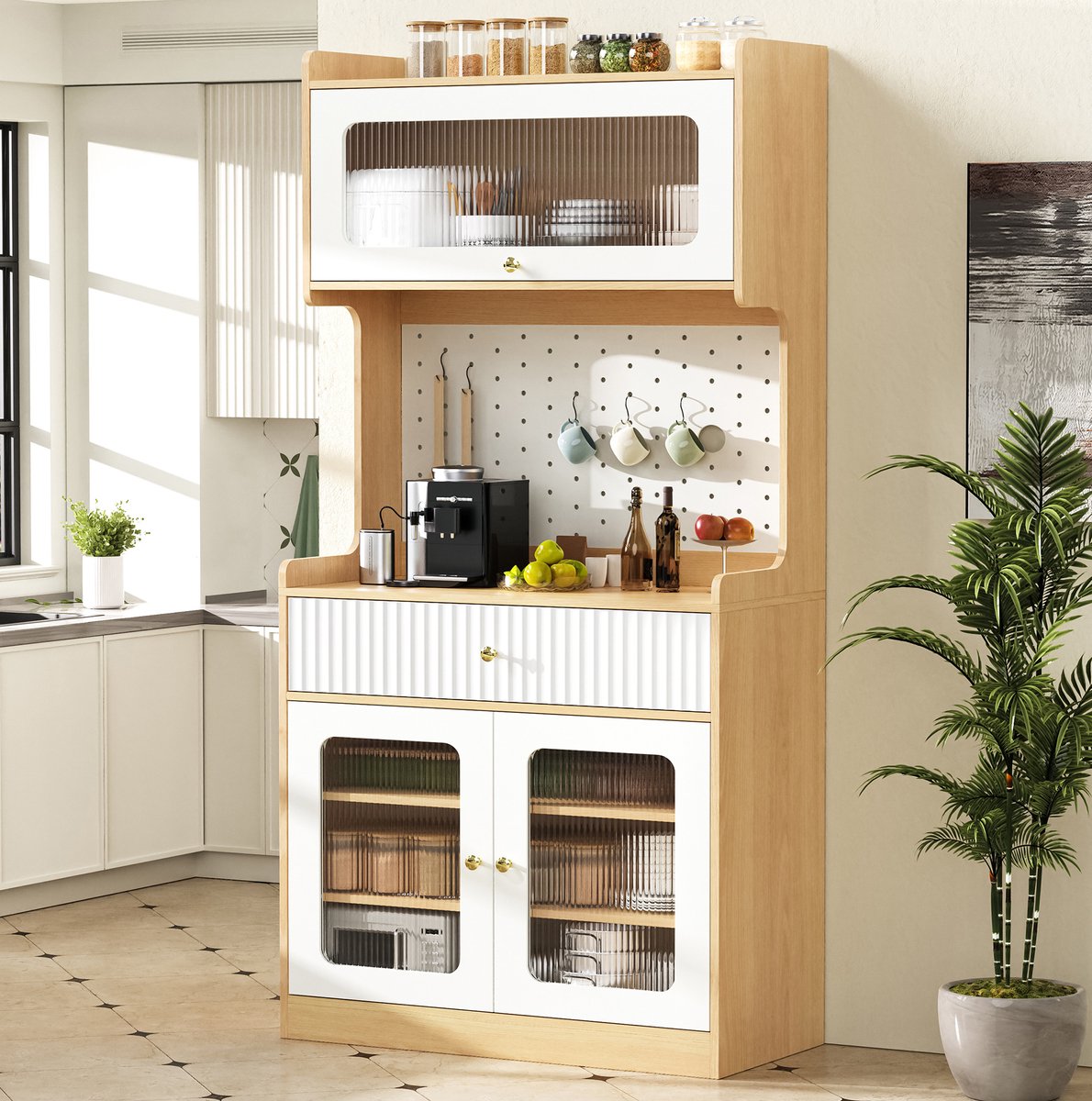 MEUNIQ Keukenkast Highboard 80 x 40 x 180 cm met LED-verlichting, verstelbare planken, lade en geribbeld glas voor keuken en eetkamer, naturel/wit