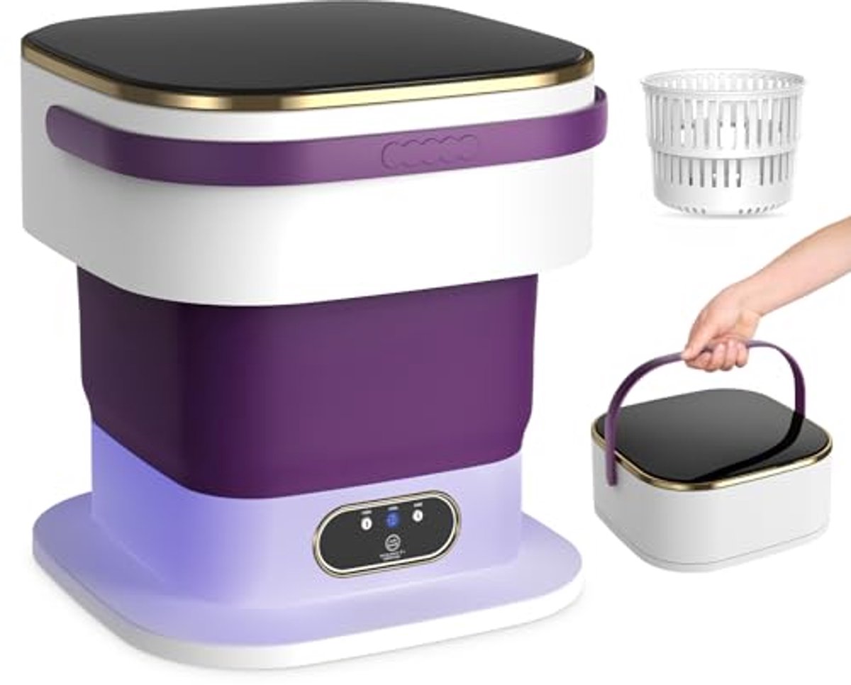 Draagbare Mini Wasmachine 15L met Centrifuge, 3 Wasmodi, Opvouwbaar, Paars