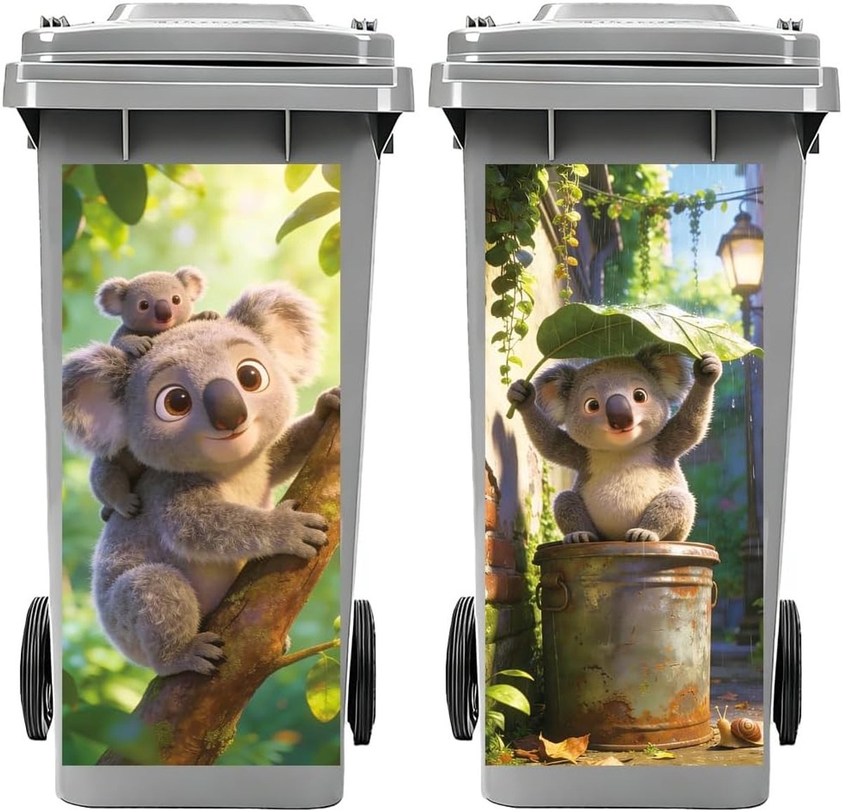 Wheel Container Stickers - 2 Vellen Koala Plakstickers voor Afvalbakken, Waterdichte Decals voor Binnen en Buiten, Tuin en Huisdecoratie 15"x32