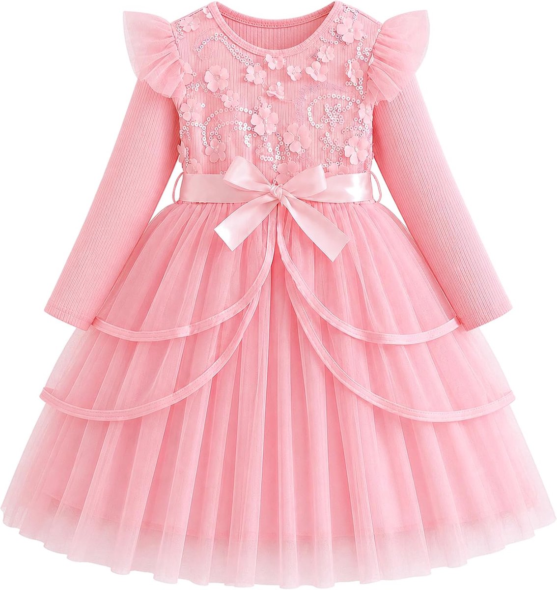 Meisjesjurk: T-shirt met lange mouwen, zachte tutu-tulejurk, verjaardagsfeest, bruiloft, prinsessenjurk, cadeaus, kinderkleding, 3-10 jaar