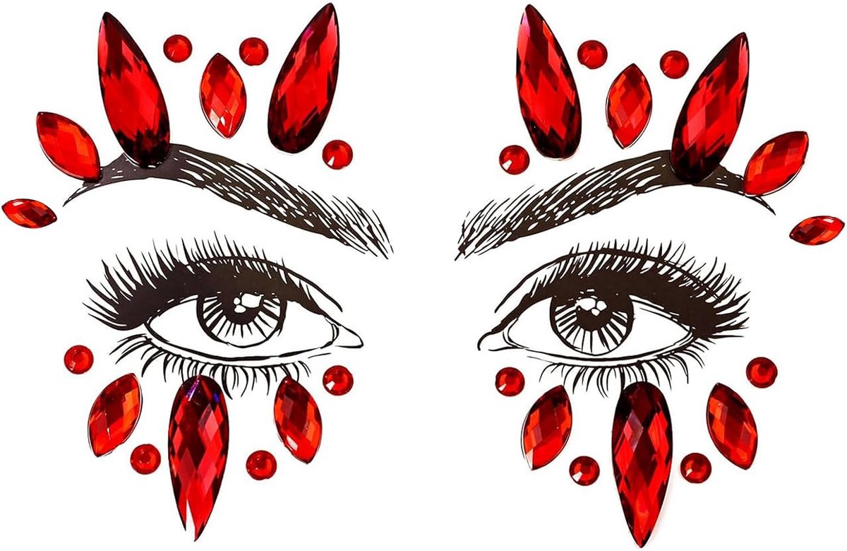 Tijdelijke tatoeages, gezichtsedelstenen, strasssteentjes, gezicht, zelfklevend, glitterstenen, voor festivals, Halloween, carnaval, party, muziek, make-up, rood