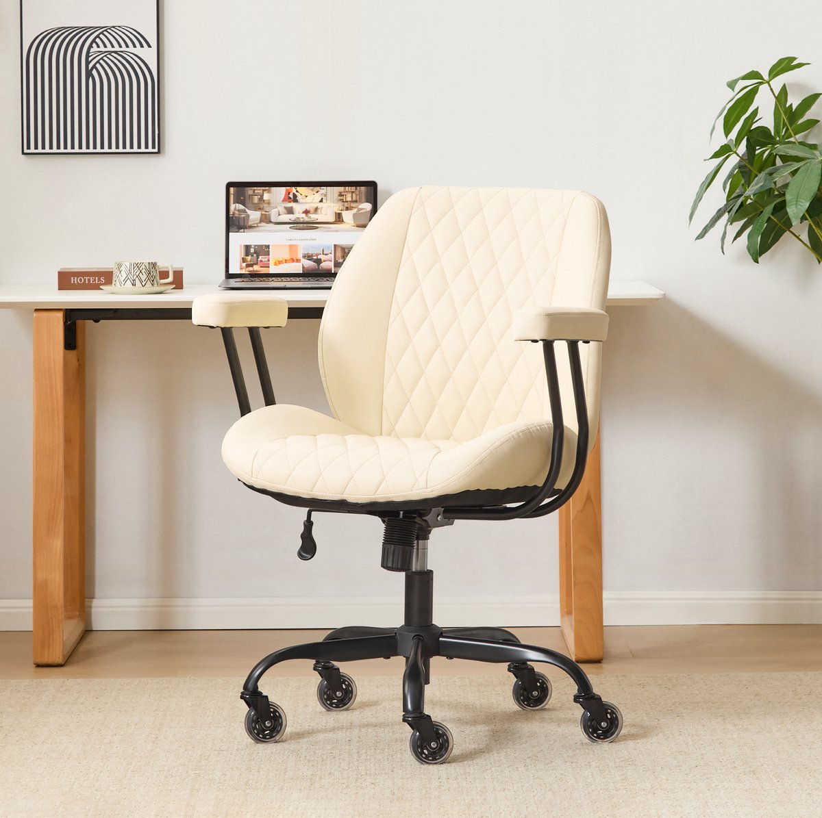 DESMIU Bureaustoel 56 x 58 x 33 cm - Ergonomisch - Verstelbare Hoogte - Met Armleuningen En Zwenkwielen - Voor Kantoor En Thuis - Leer Wit
