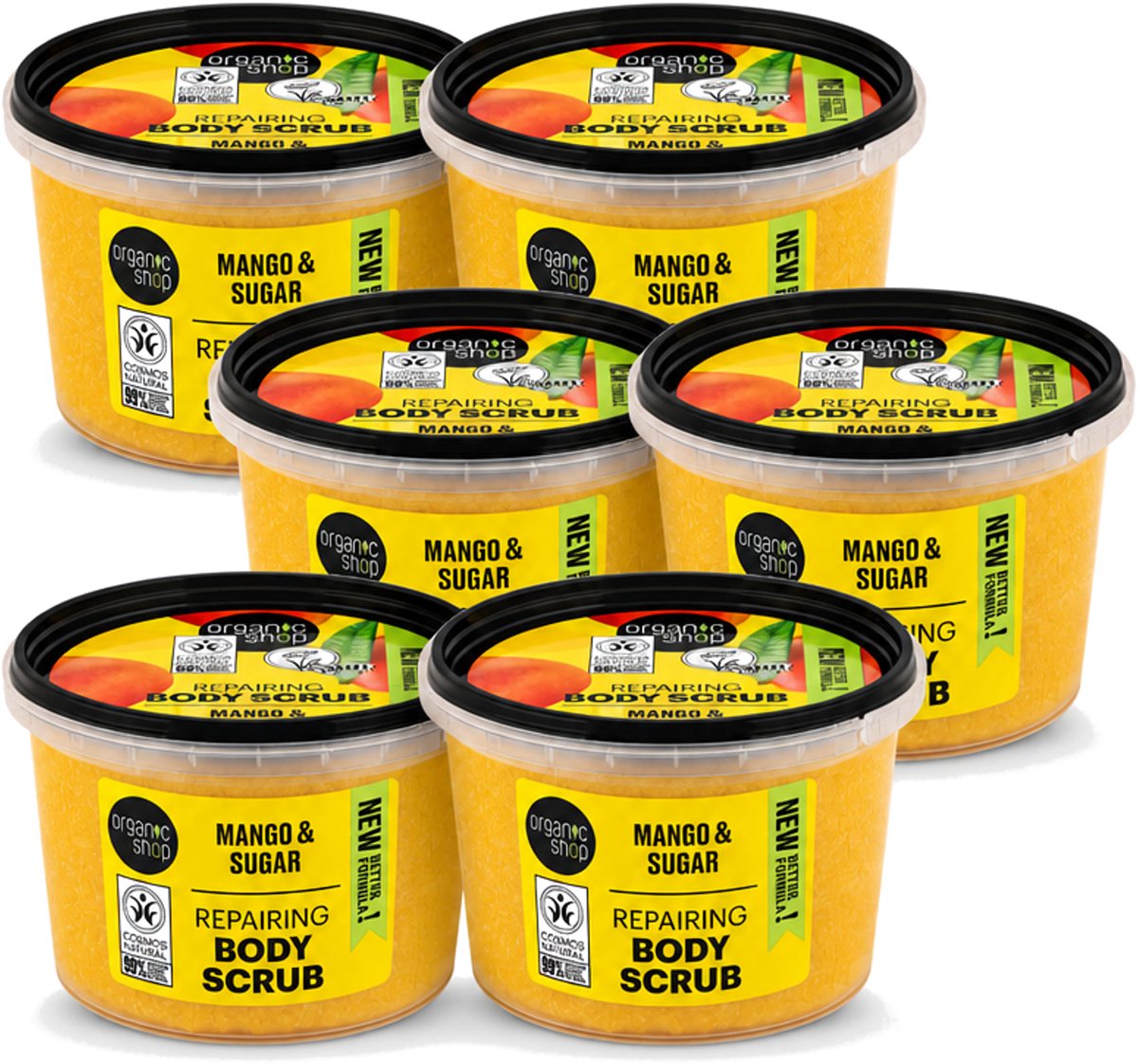 6 x Organic Shop - Organic Mango & Sugar Body Scrub - Peeling en Geur - 250 ml - Voordeelverpakking - 6 stuks