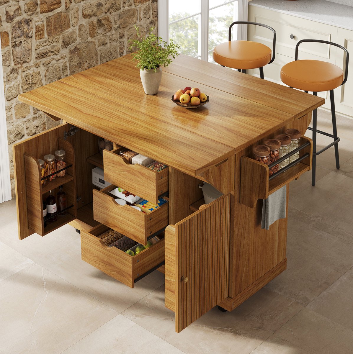 REDOM Keukeneiland met uitklapbare tafelbladen - 3 lades en verstelbare legplanken - Vergrendelbare zwenkwielen - MDF en metaal - Donkerbruin - 142,5 x 80 x 95 cm