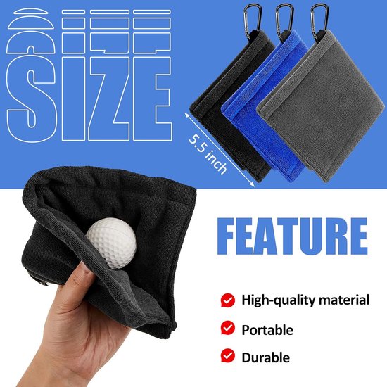 Golfbal Handdoek - Golftas Amfibie Handdoeken - met intrekbare gesp - Zachte en delicate golfhanddoek - Duurzame golfclubreiniger - voor fitness, buitensporten - 12*12 cm - 3 stuks — afbeelding 2