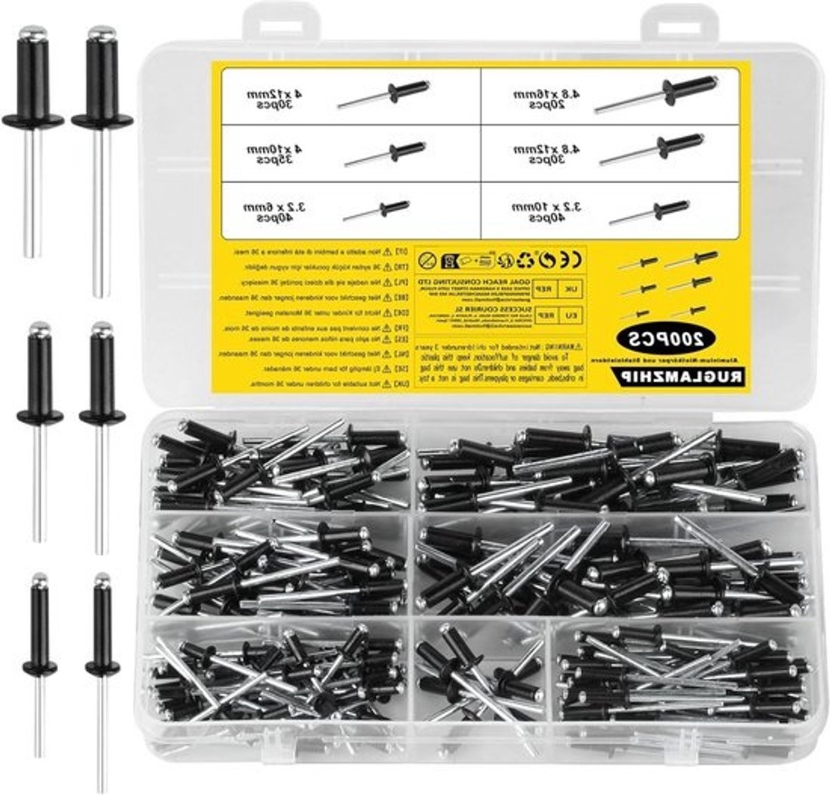 Allecto Plus - 200 stuks blindklinknagels assortiment met grote flens - Popnagels voor blindklinknageltangen - Zwart/zilver - Aluminium en staal - Klinknagels