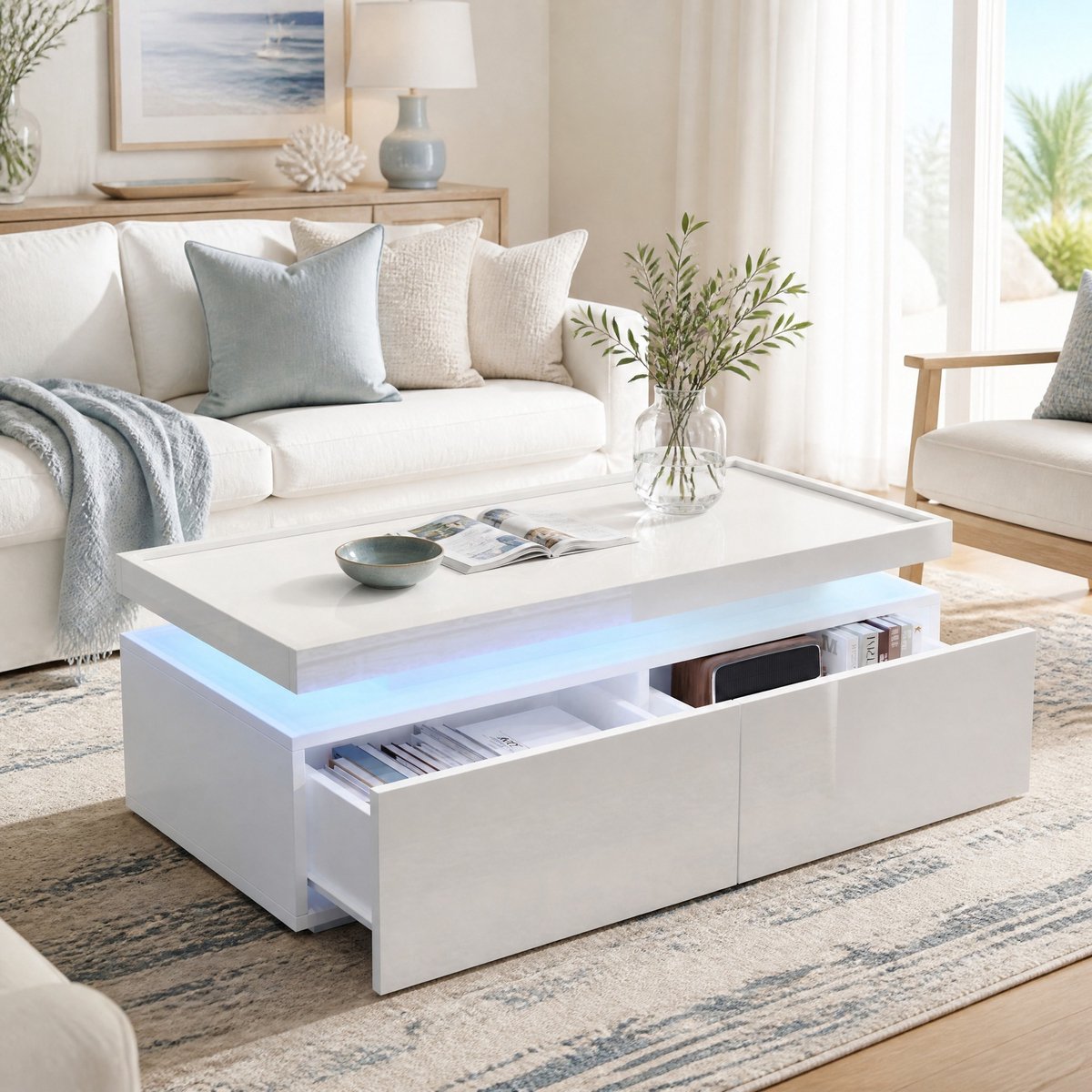 MEUNIQ Salontafel 95 x 45 x 35 cm met LED-verlichting, 2 lades en halfopen vak, hoogglans wit, moderne rechthoekige koffietafel voor woonkamer