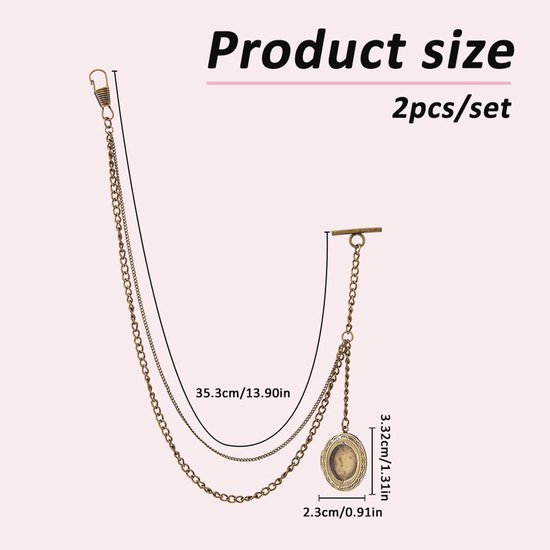 2 stuks zakhorloge kettingen messing enkele Albert ketting met medaillon hanger pak portemonnee kettingen T bar mannen zaklink antiek brons vintage Albert ketting met T-bar, lengte: 35,3 — afbeelding 2