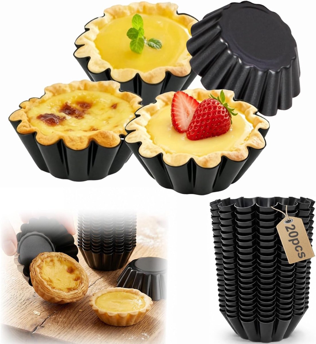 20 stuks mini tartelettevormen, 2,5 inch mini taartvormen, stapelbaar, eenvoudig los te maken, geschikt voor het bereiden van taartjes, kleine gebakjes en pudding