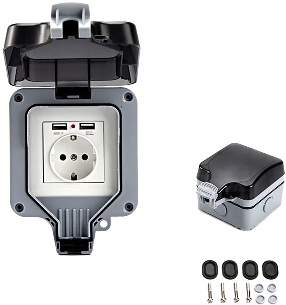 stopcontact voor buiten, met USB-aansluiting, waterdicht, duurzaam, met wanddoos (enkel)