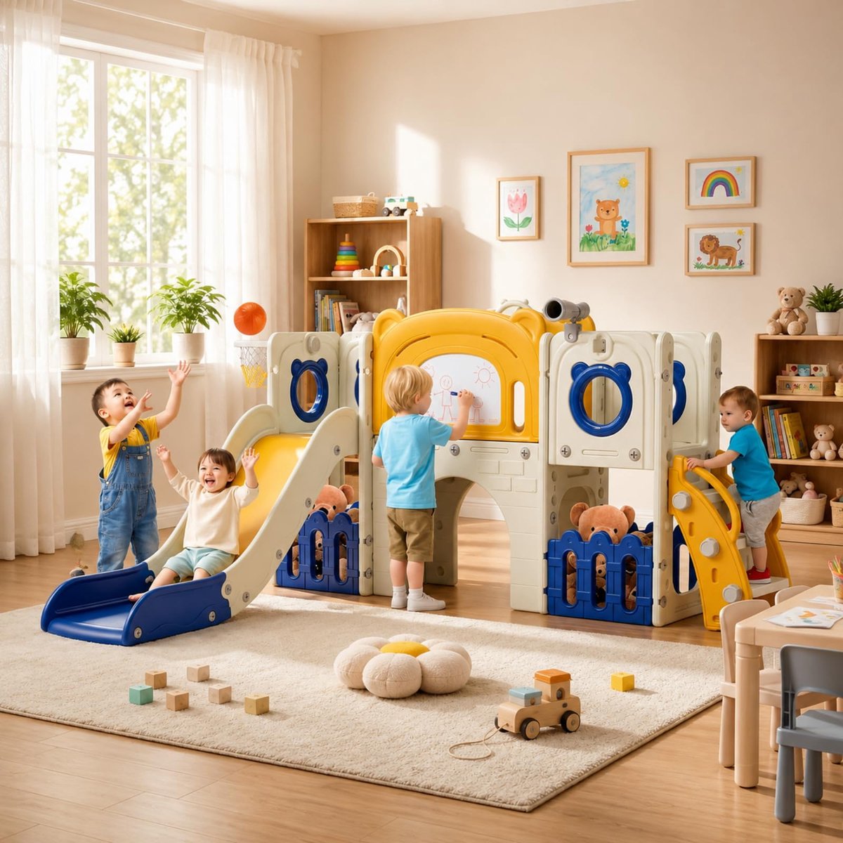 MAMIZO 10-in-1 kinderglijbaan met klimrek - voor binnen en buiten - met basketbalkorf en telescoop, tunnel, opbergruimte, tuinglijbaan, kinderspeelplaats - Geelblauw