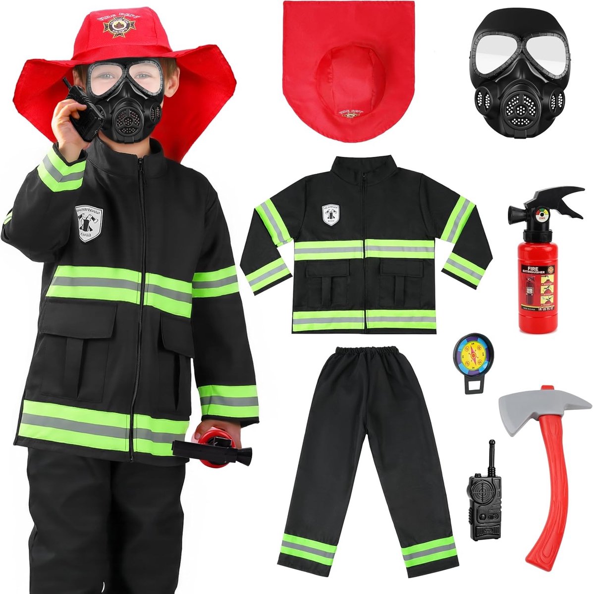 Kinderbrandweerman Kostuum Set, 8-delig Brandweer Outfit voor Jongens en Meisjes, Rollenspel Kostuum voor Carnaval, Halloween en Themafeesten (120 cm)
