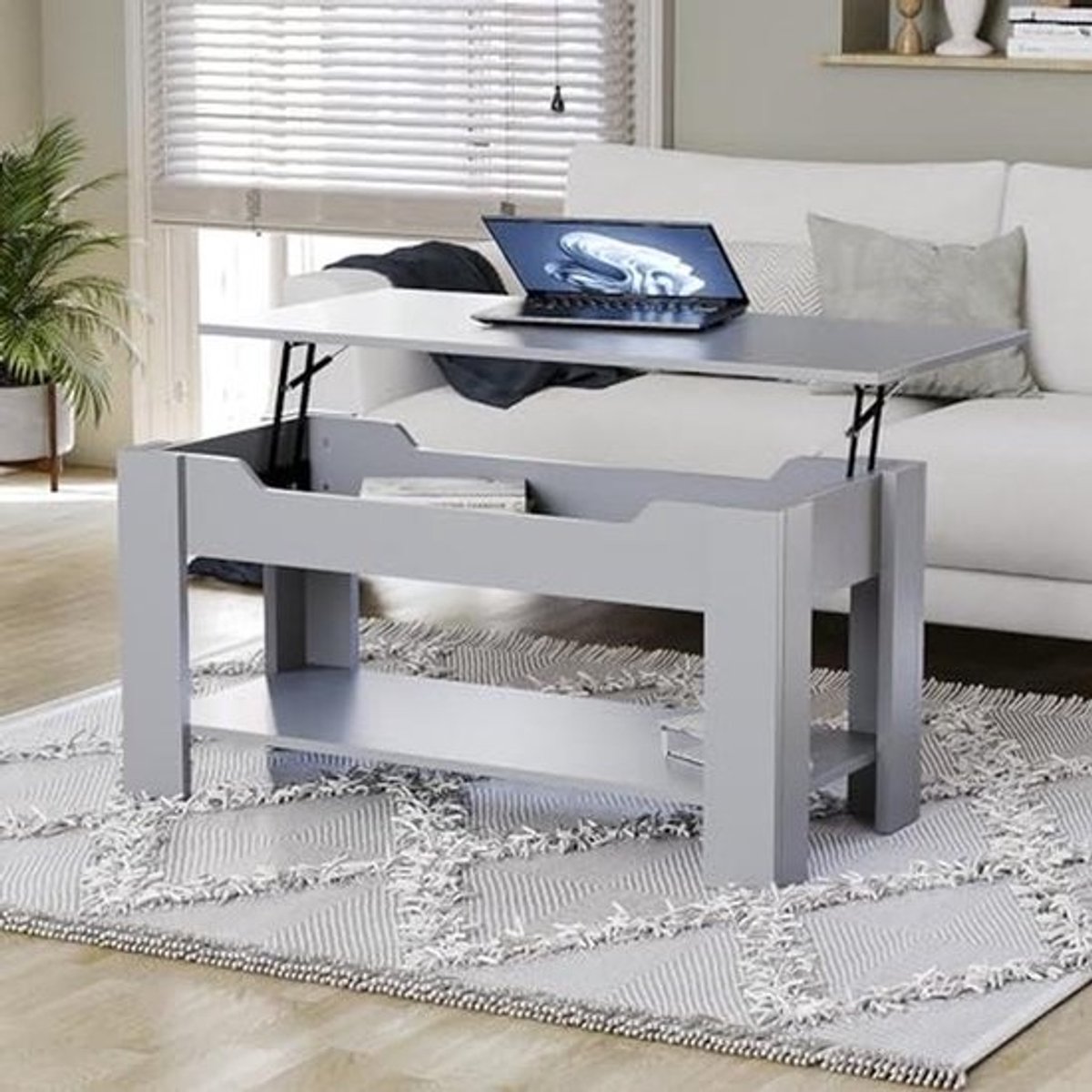 Lift Up Salontafel met verborgen opbergvak en plank, H 48-60 x L100 x B48 cm (grijs)