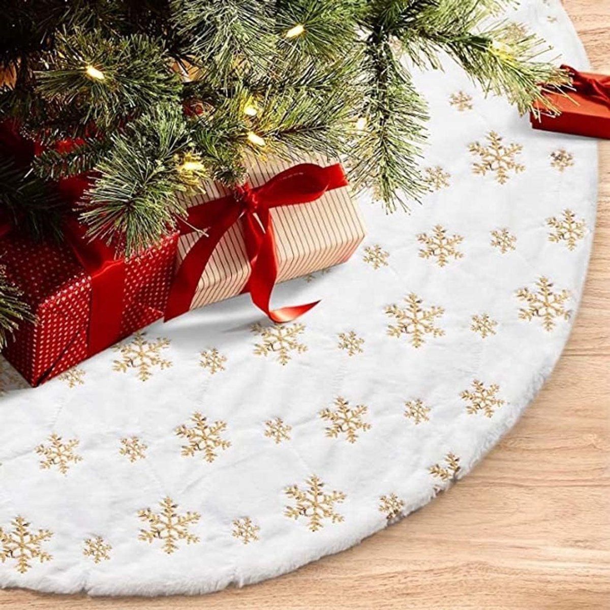 pluche, rond, zachte nachtboomdeken met pailletten, sneeuwvlokken, kerstboomstandaard, tapijt, boomdeken, 88 cm, goud