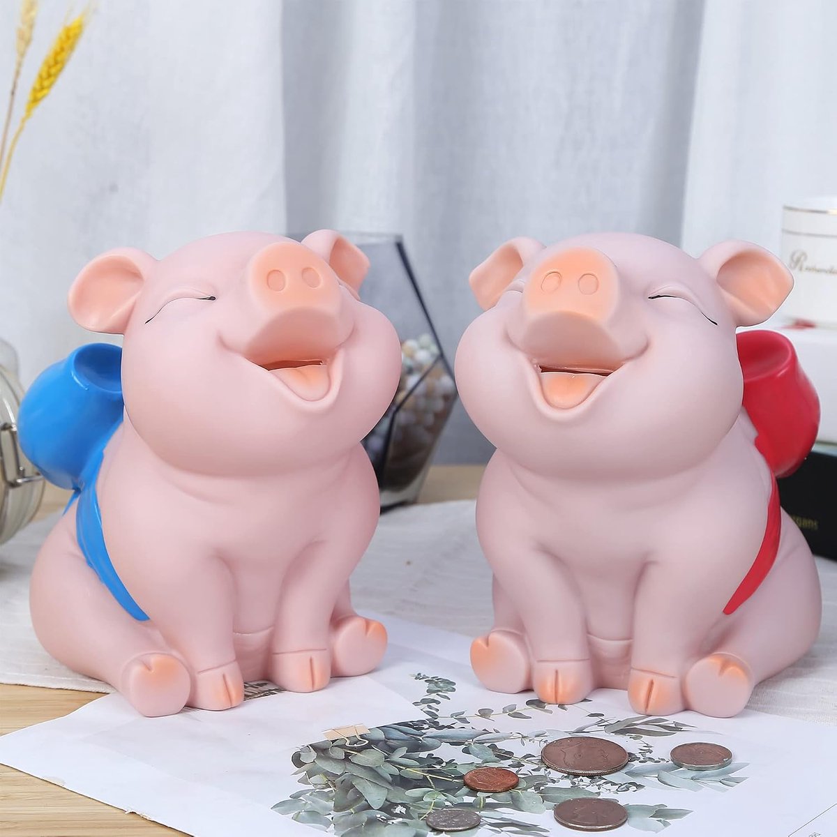Spaarvarken met rode boog-knoop, H&W mooie varken munt bank, creatieve onbreekbaar geschenk geld bank, kan opslaan 1000 munten