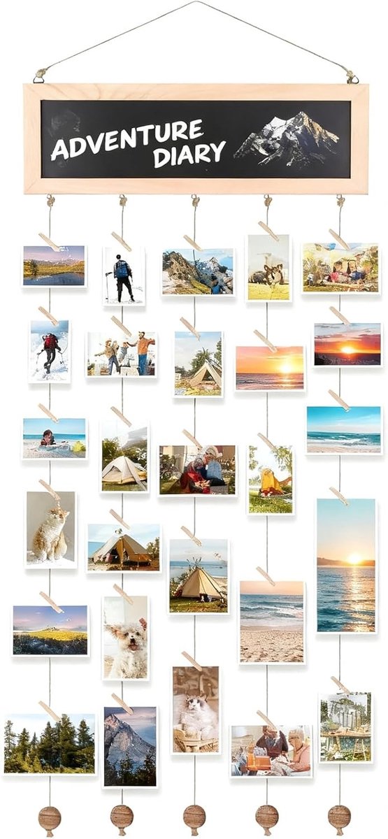 DIY Fotogordijn met Clips en Touw, Creatieve Fotowand voor Postkaarten en Decoratie met 30 Houten Clips en Platen, Perfect voor Thuis en Feestjes