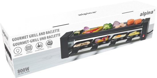 Alpina gourmetgrill en raclette, 800W, met inductieplaat, ribbelplaat en anti-aanbaklaag.