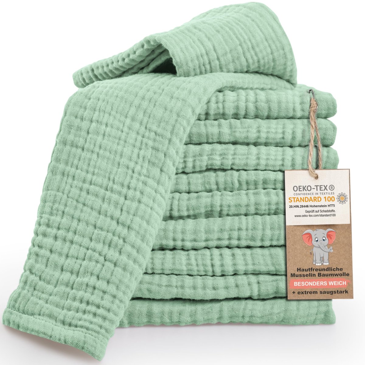 Elzusha - Set van 10 Muslin Doeken - 100% Katoen - 30x50 cm - Mintgroen