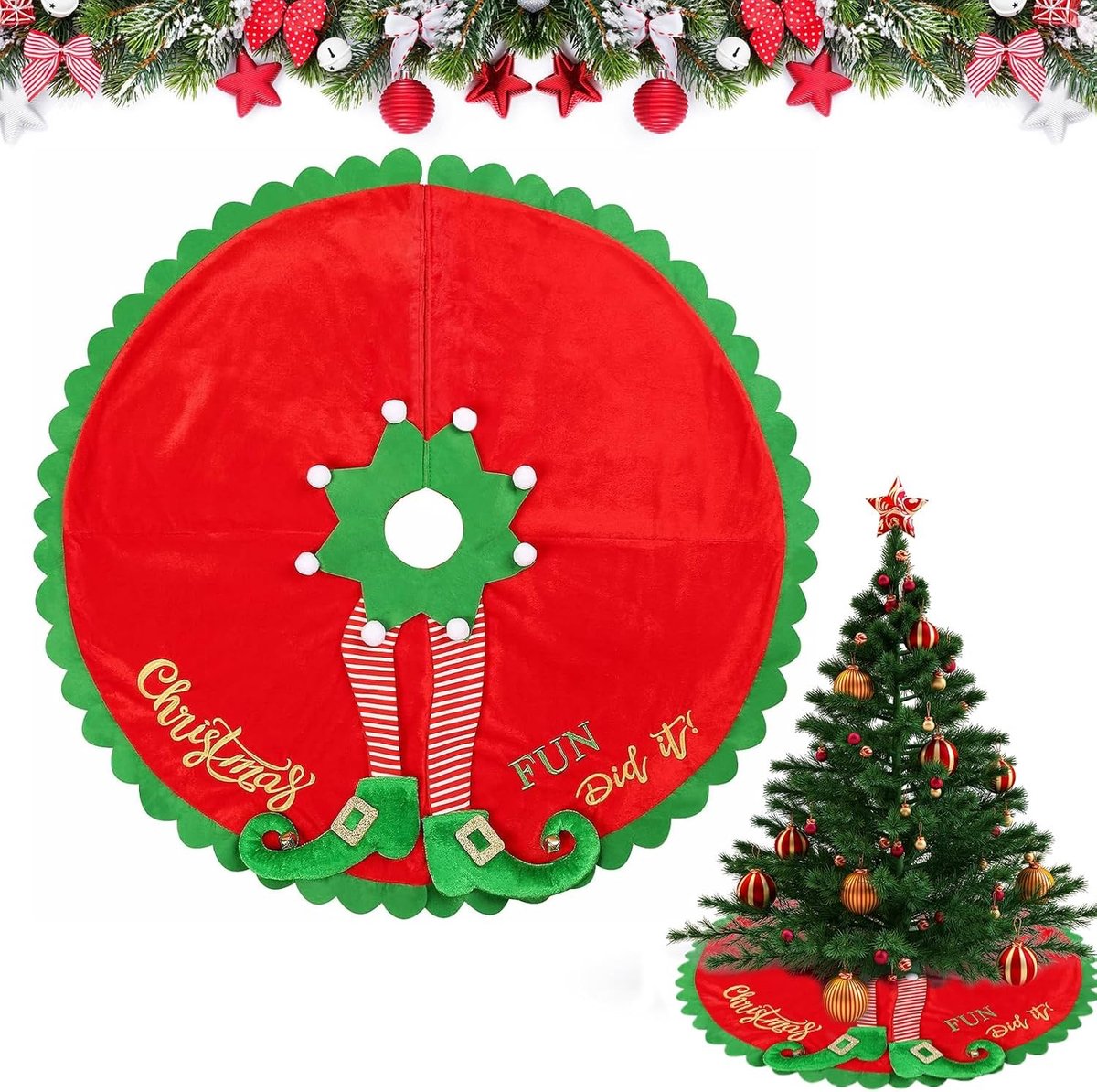 Grote kerstboomrok van 125 cm, ronde kerstboomdeken, kerstboommat in rood en groen, perfect voor de feestdagen