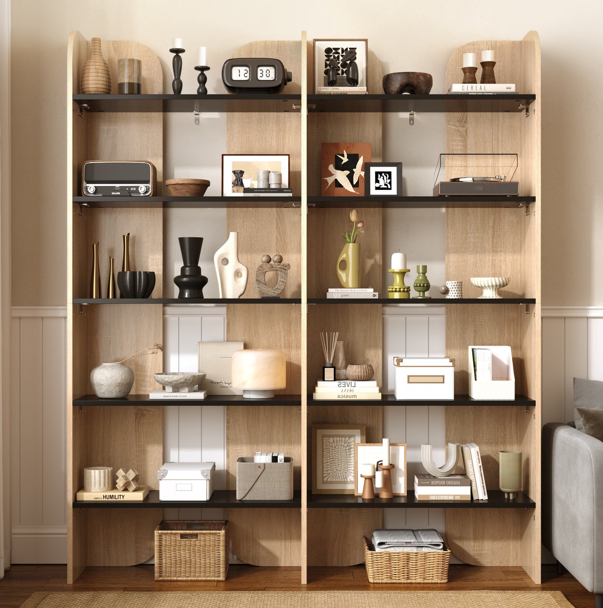 Boekenkast – Open Opbergsysteem – 160 × 135 × 25 cm – PB-Platen – Naturel-Zwart – 5 Etages – Wandplaatsing