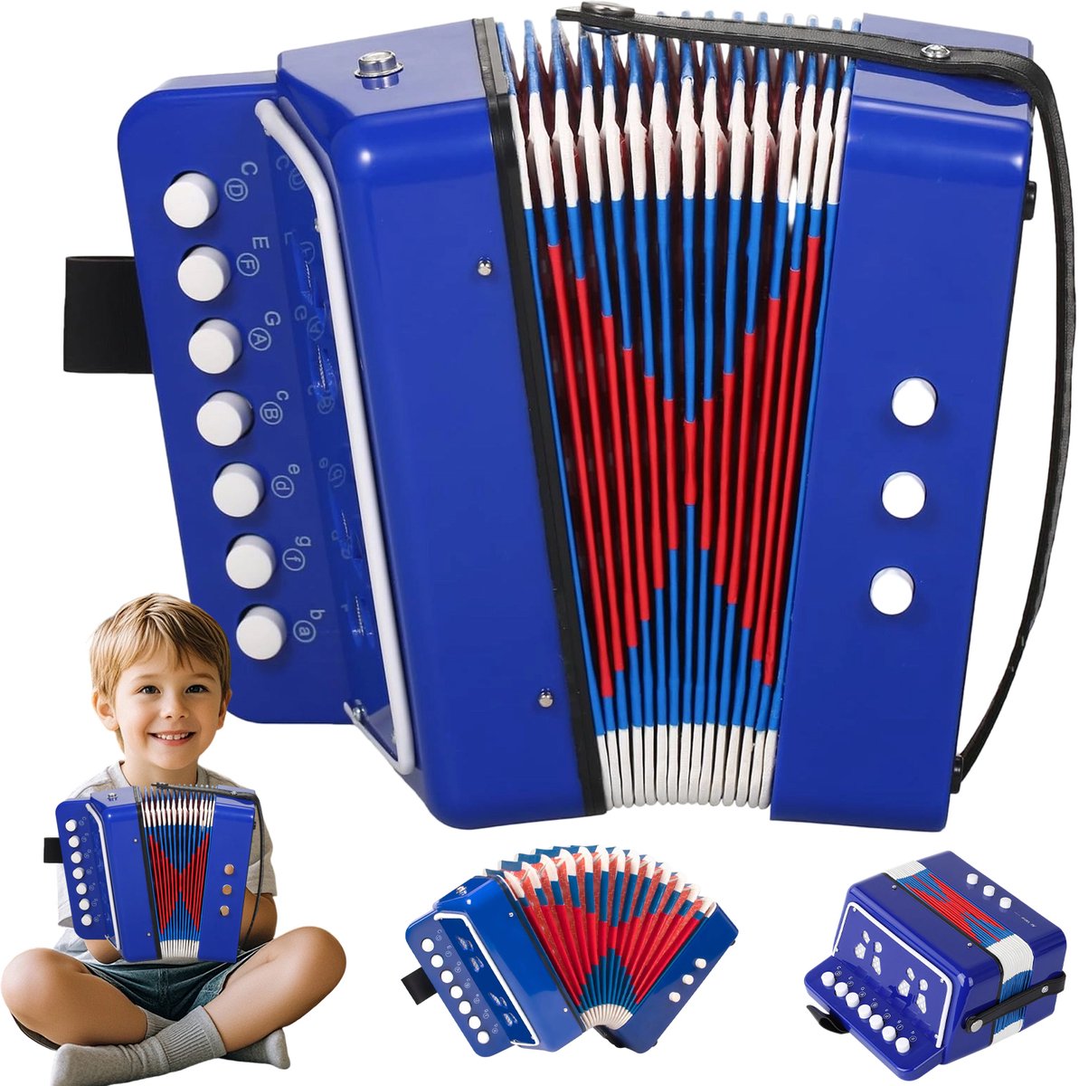 Speelgoed Accordeon voor Kinderen - Kinderaccordeon - Speelgoedinstrument - 7 Toetsen - 2 Bassen - Lichtgewicht & Draagbare - Veilig ABS - 17x99x18 cm - Muziekeducatie - Voor Kinderen Vanaf 3 Jaar - Blauw