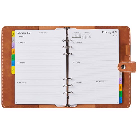 Bruine A5 planner met een open weekindeling, tabbladen en penlus.