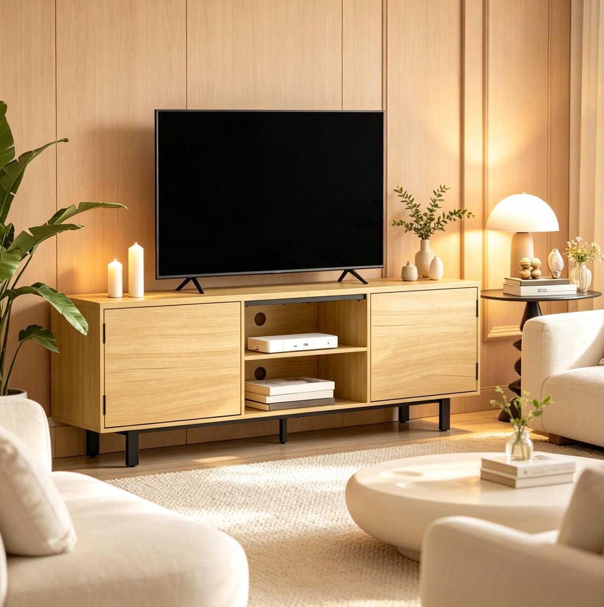 REDOM - TV-meubel - 2 drukdeuren en 2 open vakken - Kabeldoorvoeren - Metalen poten - Spaanplaat en metaal - Natuurlijk en zwart - 160 x 35 x 55,5 cm