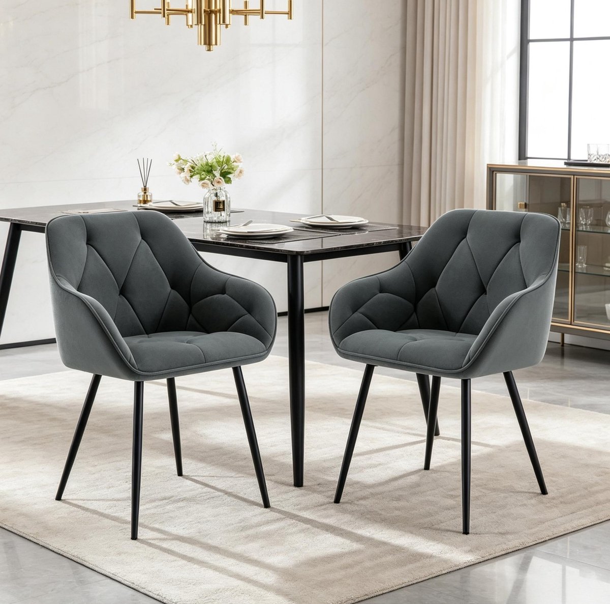 REDOM - Eetkamerstoel - Set van 2 - Ergonomische rugleuning - Gewatteerde velvet zitting - Metalen poten - Donkergrijs - 45,5 x 45 x 83,5 cm