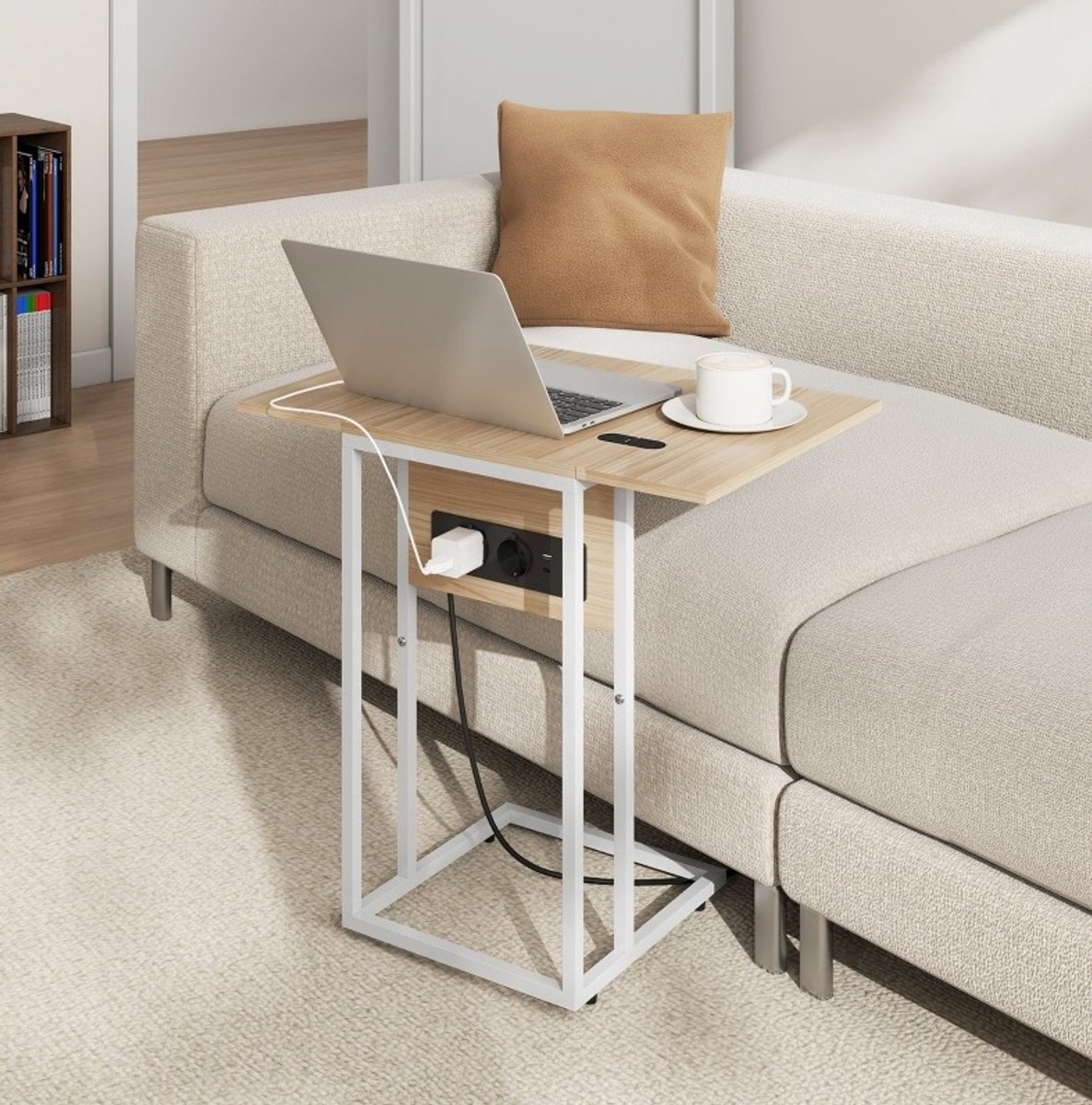 REDOM - Bijzettafel - Oplaadstation met USB en USB-C - C-vormig en opklapbaar - Uitklapbaar tafelblad - Industrieel - Woonkamer - Metaal en spaanplaat - Wit - 39 x 29 x 57 cm