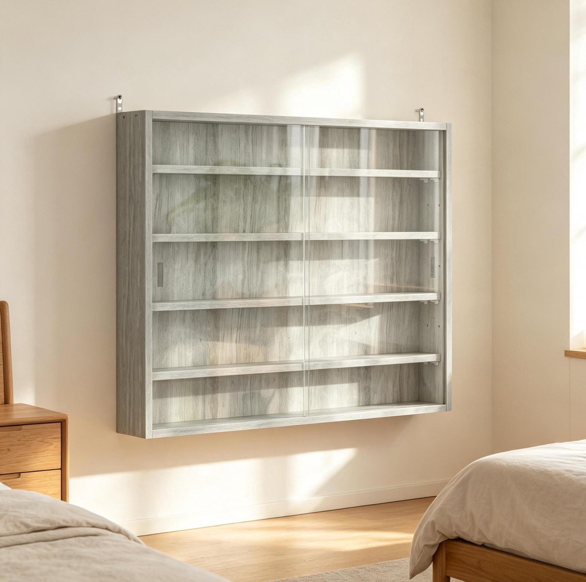 REDOM - Wandvitrine - Glazen schuifdeuren - 4 verstelbare planken - Wandmontage - Spaanplaat en glas - Grijs - 80 x 9,5 x 60 cm