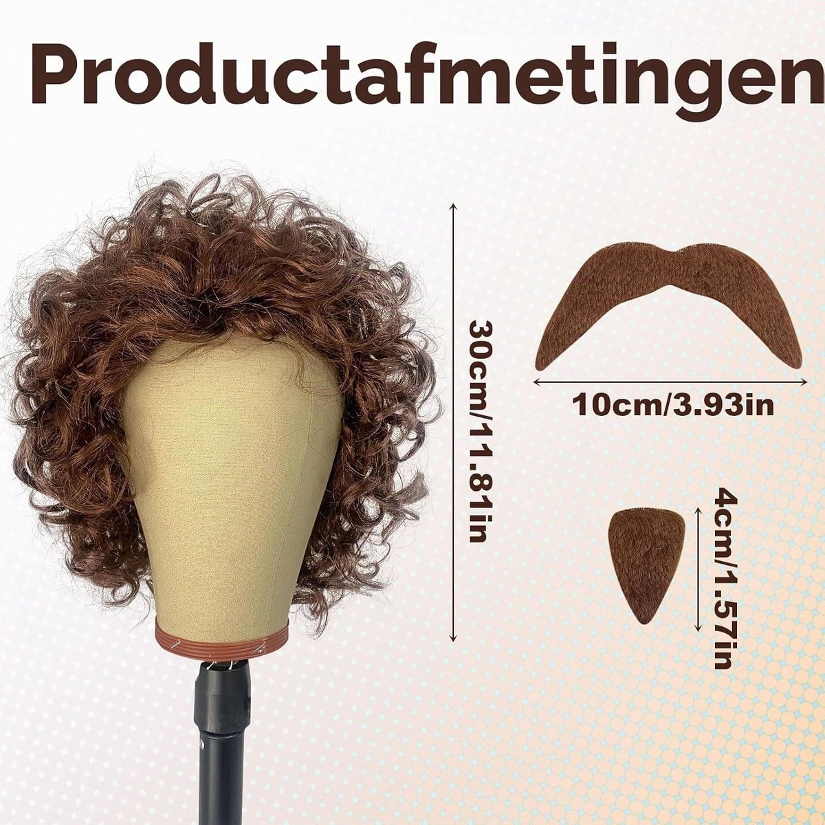 Bruine Krullende Peruk voor Mannen met Snor - Retro Haaraccessoire voor Carnavalskostuums, 60s 70s 80s Stijl, Hippie en Rock Thema Feestjes