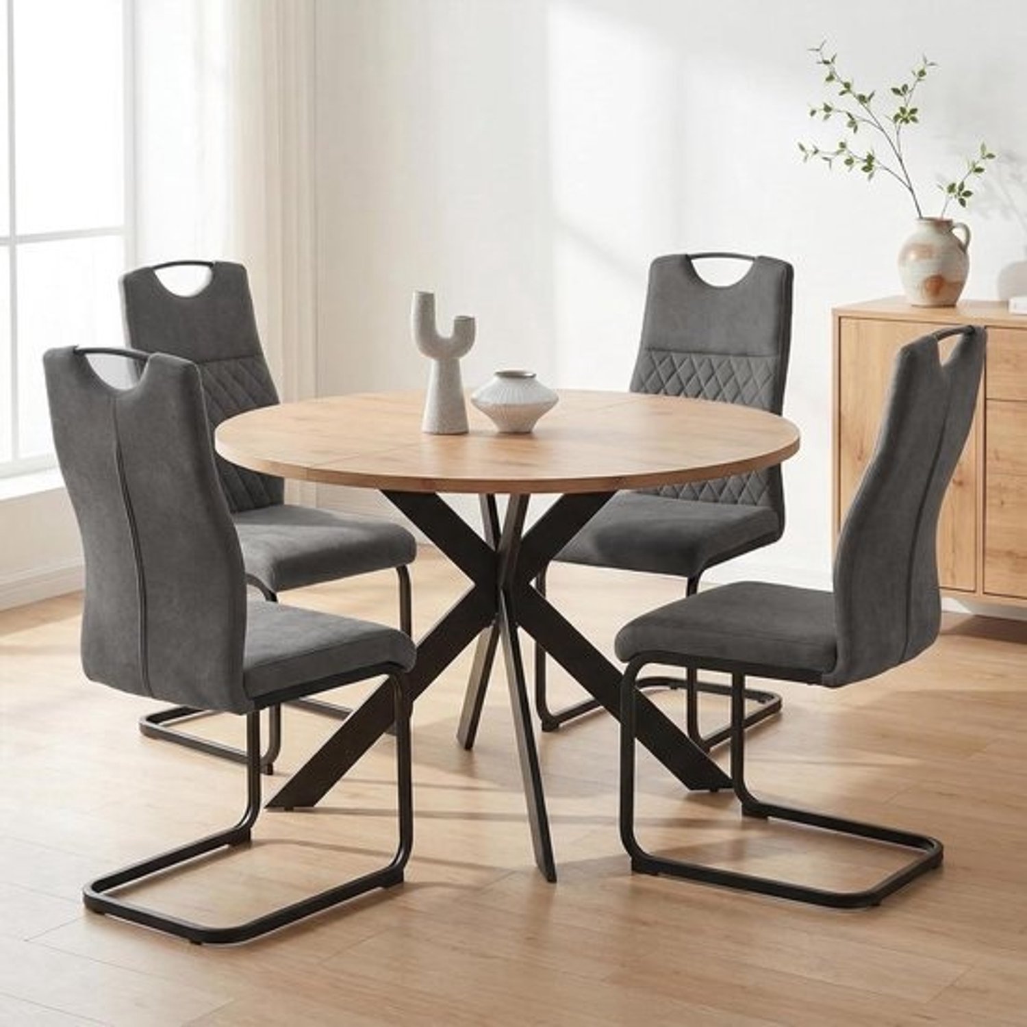 Eettafel met 4 stoelen - Eetkamer set - Samen eten - Eikenlook tafelblad - 115 cm - Grijs en bruin