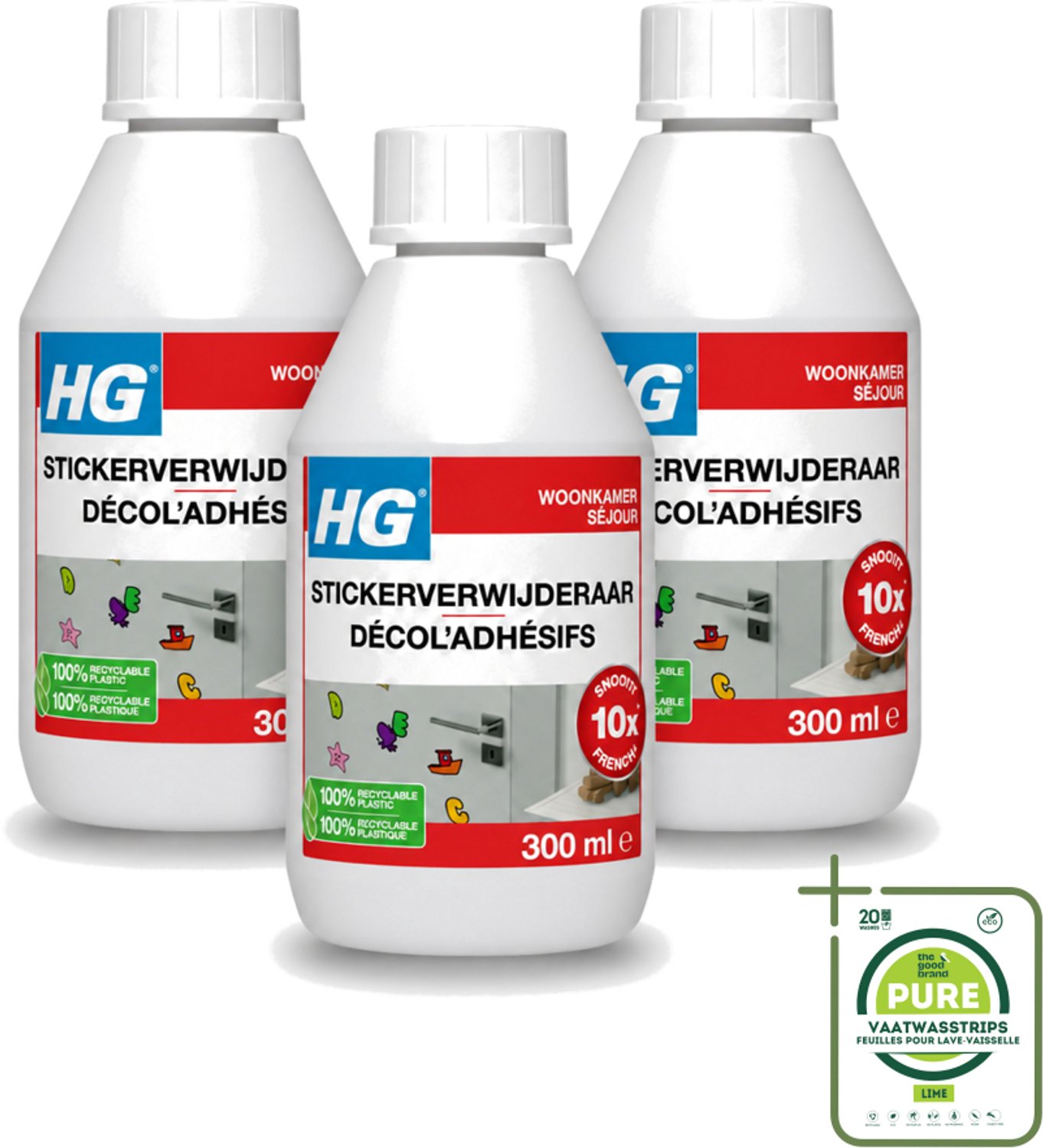 3 x HG - Stickerverwijderaar - Meest Effectief - Verwijdert Eenvoudig - 300 ml - Grootverpakking - Vaatwasstrips - Stickerverwijderaar - Stickerlijm Verwijderen - Hakstrepen Verwijderen - Teerspatten Verwijderen - Smeervlekken Verwijderen