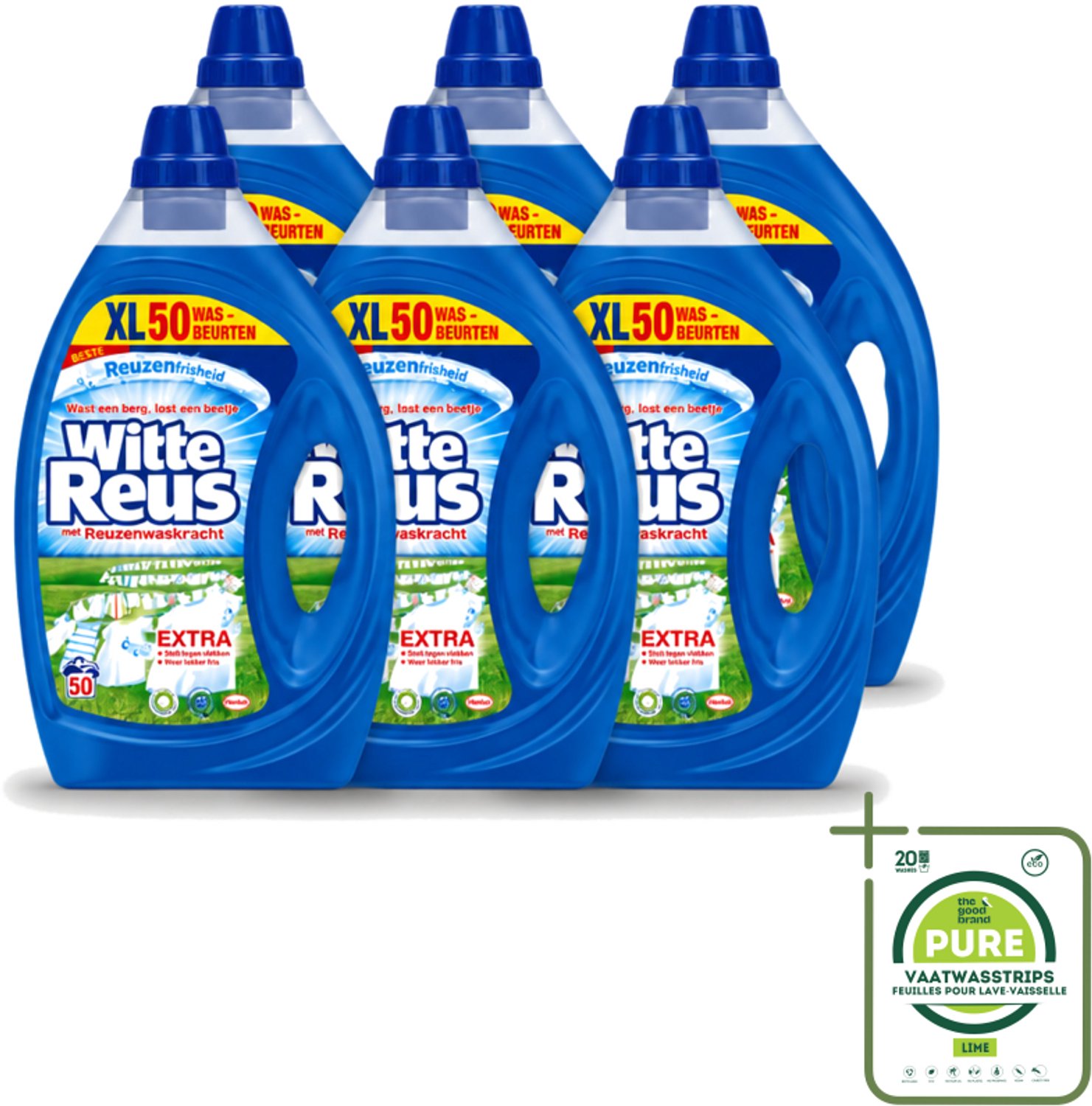6 x Witte Reus - Vloeibaar Wasmiddel - 50 Wasbeurten - Grootverpakking - Vaatwasstrips - Wasmiddel - Vloeibaar Wasmiddel - Wasbeurten - Schoonmaak - Reiniging