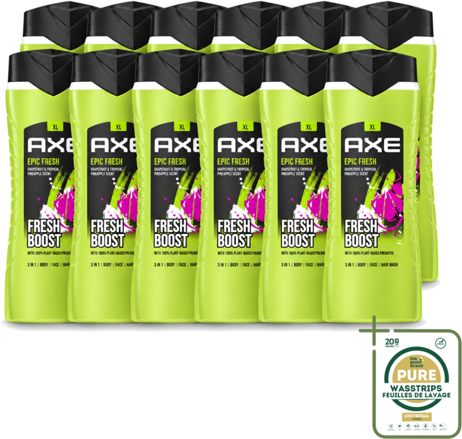 12 x AXE – Douchegel – Epic Fresh Fresh Boost 3-in-1 – 400 ml - Wasstrips - Douchegel - Frisheid - Lichaam - Gezicht - Haar