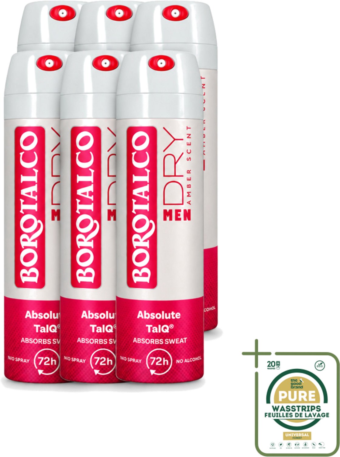 6 x Borotalco – Deodorant Spray – Men Amber Geur – 150 ml - Wasstrips - Deodorant Spray - Mannelijke Geur - Amber - Frisheid - Transpiratie