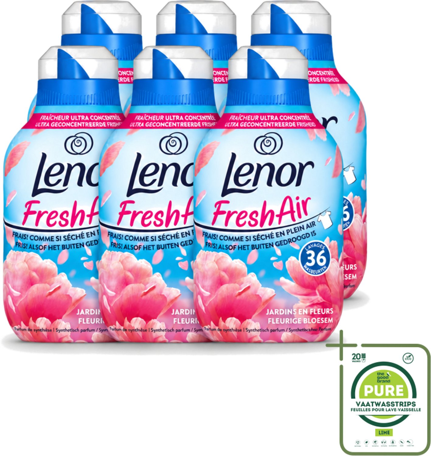 6 x Lenor - Wasverzachter - Fresh Air - Fleurige Bloesem - 36 Wasbeurten - Grootverpakking - Vaatwasstrips - Wasverzachter - Frisheid - Buiten Gedroogd Was - Bloemige Geur - Wasgoed