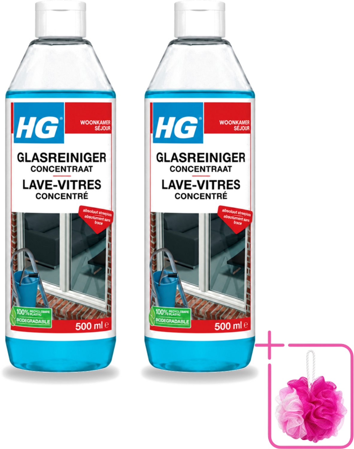 2 x HG - Glasreiniger Concentraat - Streeploos Schoon - 12 Schoonmaakbeurten - 500 ml - Bulkverpakking - Glas reinigen - Douchemop - Streeploos reinigen