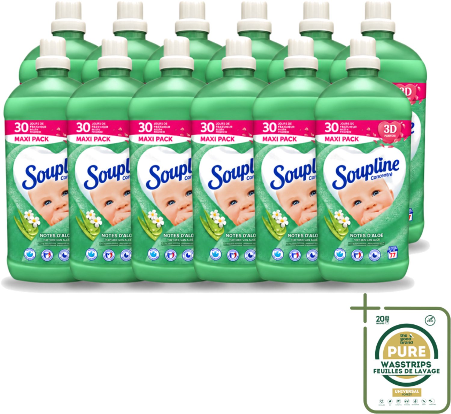 12 x Soupline - Wasverzachter - Aloë Vera Concentraat - 77 Wasbeurten - Wasstrips - Wasverzachter Aloë Vera - Wasverzachter Voor Kleding - Aloë Vera Wasverzachter - Zachte Wasverzachter - Wasverzachter Voor Gezin