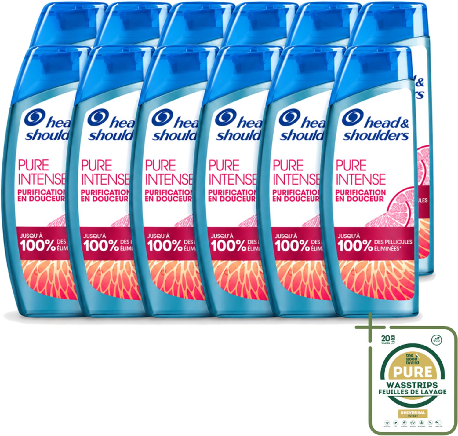 12 x Head & Shoulders - Anti-Roos Shampoo - Pure Intense - Grapefruit - 250 ml - Wasstrips - Anti-roos Shampoo - Vet Hoofd - Schone Hoofdhuid - Roosvrij Haar - Grapefruit Geur