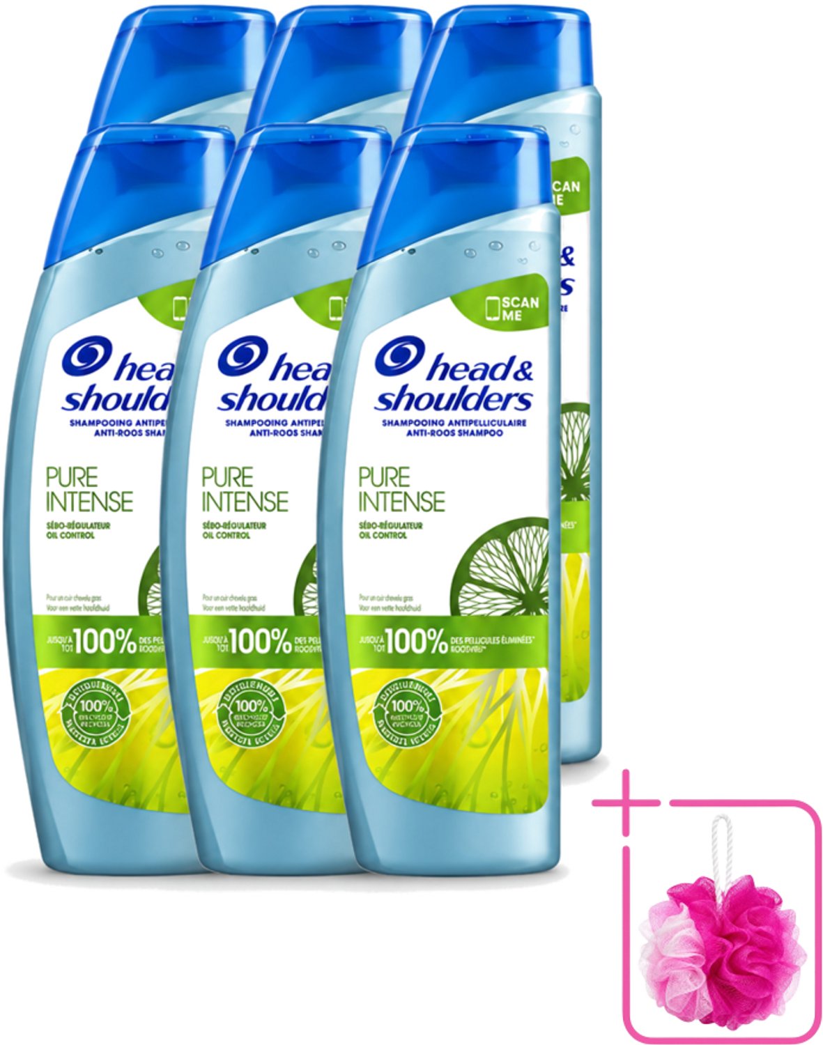 6 x Head & Shoulders - Anti-Roos Shampoo - Pure Intense - Oil Control - 250 ml - Bulkverpakking - Roosvrij haar - Douchemop - Oliecontrole