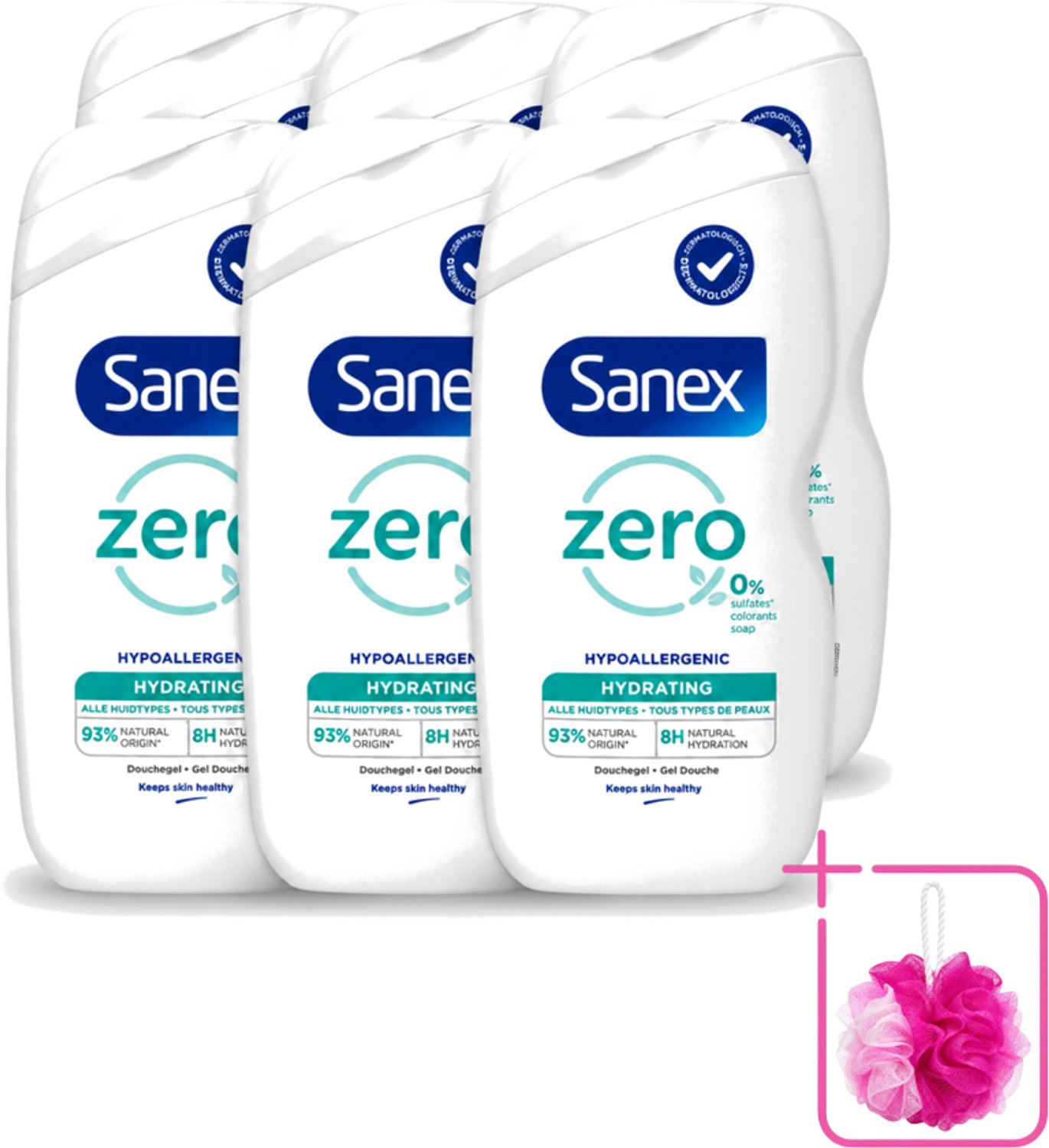 6 x Sanex Zero % - Douchegel - Hydrateert - Alle Huidtypes - 400 ml - Bulkverpakking - Douchegel - Douchemop - Huidverzorging